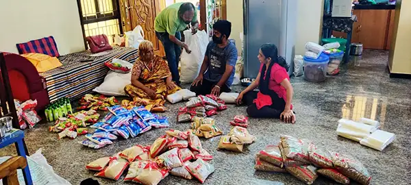 Grocery kits laid out for distribution